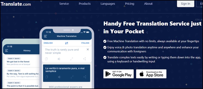 Translate.com hỗ trợ tới 75 loại ngôn ngữ khác nhau