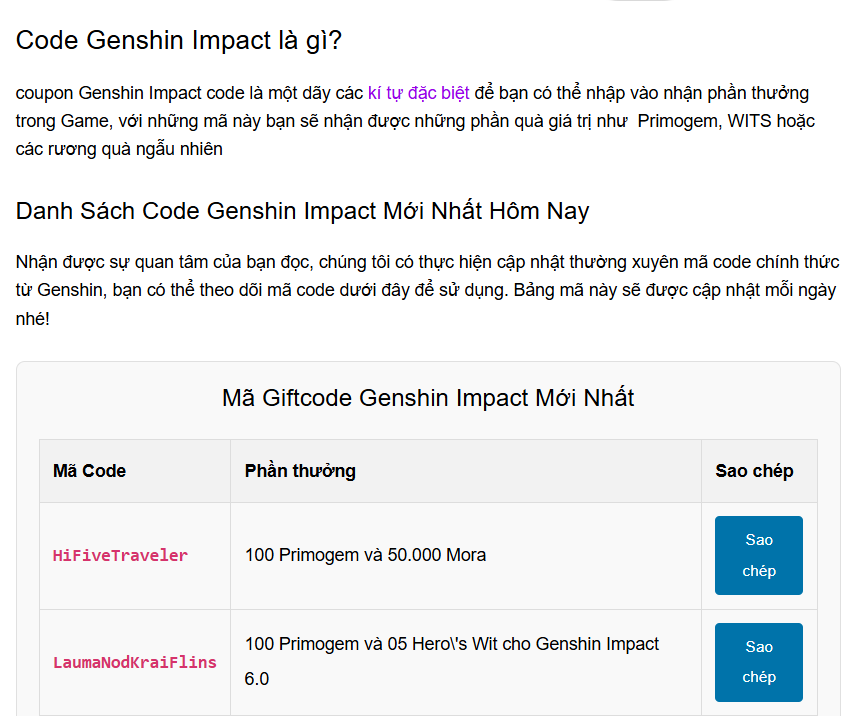 Trang chủ website Genshincode.com cung cấp mã Code Genshin Impact miễn phí